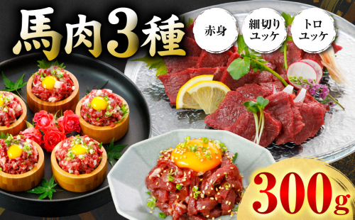 馬肉 3種300g (赤身100g、トロユッケ100g、細切りユッケ100g) 馬 馬焼き レア ユッケ 冷凍 新感覚 特殊加工 熟成 加熱加工 低温調理 熊本県 八代市 2861870 - 熊本県八代市