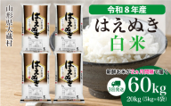 ＜令和8年産米＞ 大蔵村産 はえぬき 【白米】 定期便 60kg （20kg×２ヶ月間隔で3回お届け）＜配送時期選べます＞