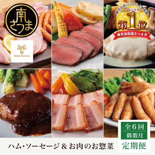 【定期便 全6回／偶数月発送】ハム・ソーセージ＆お肉のお惣菜定期便 ～マイスター山野井～ ハンバーグ 焼豚 焼き豚 ウインナー ローストビーフ チャーシュー 豚バラ モモ おかず 加工品 セット 詰合せ レトルト 常温 冷蔵 冷凍 鹿児島県 南さつま市 2870248 - 鹿児島県南さつま市