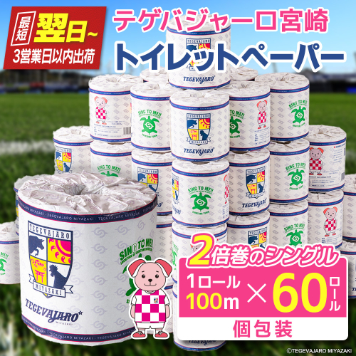トイレットペーパー シングル 100m×60ロール 2倍巻 長持ち 個包装 備蓄 テゲバジャーロ宮崎 コラボ 最短翌日～3営業日以内出荷 防災 日用品 J2 サッカー 新富町【B712】 2870414 - 宮崎県新富町