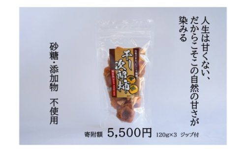 前川次郎の干し次郎柿　120ｇ×3P　砂糖・添加物不使用　安心　安全　完全甘柿　甘さ　スイーツ　高い　糖度　おやつ　ミネラル　食物繊維　エネルギー補給　セミドライ　半生　ヘルシー　保存食　次郎柿　たねなし　柿　かき　フルーツ　種なし　干し柿　三重県　多気町 GF-25 2872017 - 三重県多気町