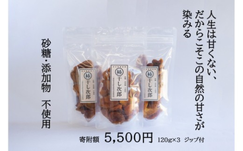 前川次郎の干し柿　干し次郎　120ｇ×3P　砂糖・添加物不使用　安心　安全　完全甘柿　甘さ　スイーツ　高い　糖度　おやつ　ミネラル　食物繊維　エネルギー補給　セミドライ　半生　ヘルシー　保存食　次郎柿　たねなし　柿　かき　フルーツ　種なし　干し柿　三重県　多気町 NS-04 2872021 - 三重県多気町