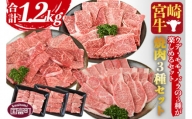 ＜宮崎牛 焼肉 3種セット（ウデ・モモ・バラ）合計1.2kg＞翌月末迄に順次出荷