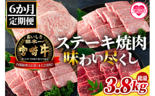 MI148 【定期便・全6回(連続)】宮崎牛ステーキ焼肉味わい尽くし＜総重量3.8kg＞【ミヤチク】