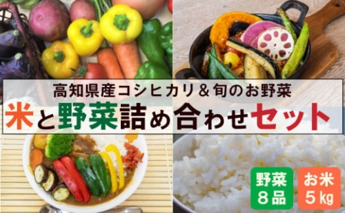 新鮮 旬の朝採れ 野菜 8品 高知県産 コシヒカリ 5kg セット 須崎 高知 NPO002