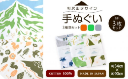 &star;利尻山デザイン&star;手ぬぐい（グレー・グリーン・オレンジ）合計3枚をお届け！利尻山をはじめ、利尻の名物や動物、植物など様々な利尻富士町に関するイラストが描かれた手ぬぐ