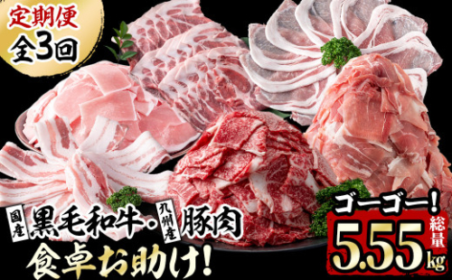 【定期便・全3回】国産黒毛和牛と九州産豚肉の食卓お助けゴーゴー定期便 計5.55kg t0042-006
