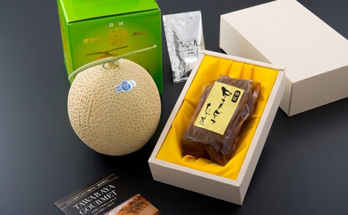 黒毛和牛希少部位(イチボ)極撰ローストビーフ300g メロンセット【たわら屋】 43521 - 静岡県菊川市