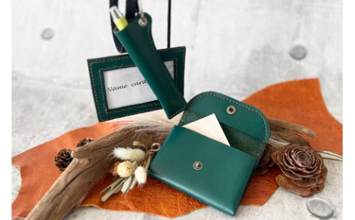 レザー3点セット グリーン (ネームフォルダー、ペンフォルダー、カードケース)｜名刺入れ 文房用品 事務用品 ビジネス 手作り [0356] 436030 - 宮城県富谷市