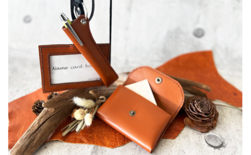 レザー3点セット ブラウン (ネームフォルダー、ペンフォルダー、カードケース)｜名刺入れ 文房用品 事務用品 ビジネス 手作り [0355] 436031 - 宮城県富谷市