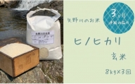 【定期便・全3回】矢野川のお米　ヒノヒカリ玄米8kgx3回