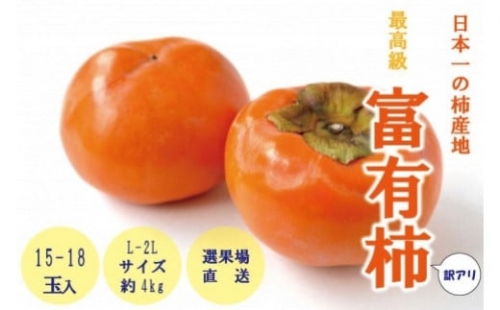 日本一の柿産地【訳あり】～最高級富有柿～（約4kg）L～2Lサイズ　15～18個入り