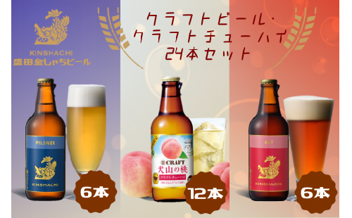 22-9_クラフトビール×クラフトチューハイ（犬山の桃） 24本セット ｜ ビール 金しゃちビール チューハイ クラフトチューハイ 宝酒造 桃 ピーチ 果汁 桃果汁 果汁入り 3種類 飲み比べ 詰め合わせ お酒 アルコール お食事 地域限定 おみやげ お土産 24本