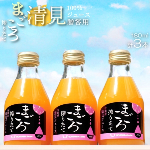 ZE6387n_【まごころ搾りたて】清見 100%ジュース 180ml × 3本 贈答用 491225 - 和歌山県湯浅町