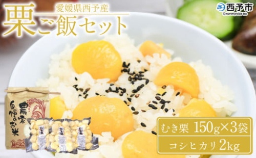 ＜愛媛県西予市産 栗ご飯セット（むき栗 150g×3袋・コシヒカリ 2kg）＞ 国産 くり 和栗 米 栗ごはん 混ぜご飯 秋の味覚 愛媛県 西予市【冷蔵】 494057 - 愛媛県西予市