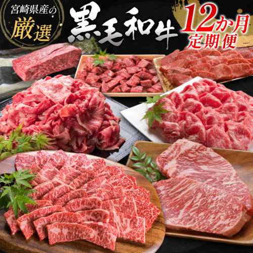 宮崎県産黒毛和牛 12か月定期便 牛肉 焼肉 ステーキ 国産【F78-25】 526555 - 宮崎県新富町