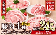 ＜定期便・全12回 (連続)＞大分県産 豚肉 バラエティーパック (総量24kg・4種) 【BD210】【西日本畜産 (株)】
