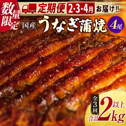 【2025年1月31日受付終了】＜数量限定＞うなぎ 定期便 国産 鰻 蒲焼 4尾セット定期便 （2025年2月,3月,4月お届け）全3回 合計2kg以上 魚介 贈答品 ギフト ウナギ 期間限定 鰻楽【E195-25】 540592 - 宮崎県新富町