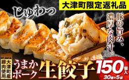 大津町限定返礼品！豚の旨み、濃厚な肉汁が詰まったうまかポーク生餃子！商品情報:うまかポーク生餃子名称:冷凍生餃子内容量:・150個（30個×5袋）・餃子のタレ×1本（80g）原材料:【餃子】キャベツ(
