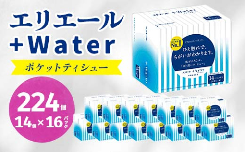 エリエール +Water(プラス ウォーター)ポケットティシュー 14組14個×16P(224個)_ ポケットティッシュ ふるさと納税 ティッシュ エリエール +Water シリーズ 保湿タイプ 保湿 日用品 消耗品 生活用品 【1352859】