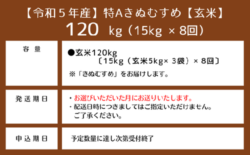 令和5年産米】特Aきぬむすめ【玄米】120kg定期便（15kg×8回）岡山県