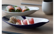 A25-389 有田焼 シルバー・ブルーライン オーバルプレート 2枚セット 山忠 器 食器 皿 楕円 前菜 サラダ皿 おしゃれ 可愛い