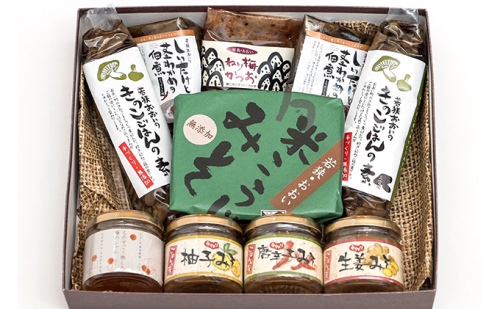 おおい夢工房自慢の逸品全部セット(完熟梅ジャム 米こうじみそ きのこごはんの素  しいたけと茎わかめの佃煮 ねり梅かつお おかず味噌3種 ) 惣菜 カツオ  58254 - 福井県おおい町
