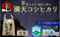 【令和5年産】【3ヶ月定期便】星降るまち 越前大野の「満天コシヒカリ」玄米 10kg × 3回 計 30kg 農薬・化学肥料50%以上カットの特別栽培米