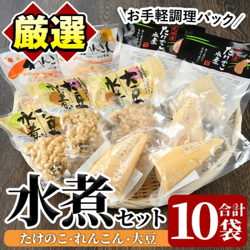 たけのこ・れんこん・大豆の水煮(合計10袋)国産 九州産 筍 水煮 蓮根 野菜 使い切り 小分け 個包装【上野食品】akn008-17 601185 - 鹿児島県阿久根市