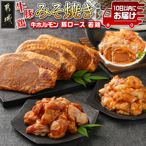 牛・豚・鶏ももみそ焼きセット(牛ホルモン・豚ロース・若鶏もも)≪みやこんじょ特急便≫_AA-I601-Q 605736 - 宮崎県都城市