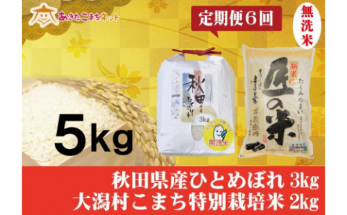 【定期便】秋田市産ひとめぼれ無洗米3kg・大潟村産あきたこまち特栽米『匠の米』無洗米2kgセット半年間（6か月） 632234 - 秋田県秋田市
