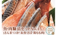 魚・肉糠漬セットNo.1 (サンマ糠漬×1、サバ糠漬×2、鶏もも糠漬×2、イカ糠漬×2、赤魚糠漬×1)