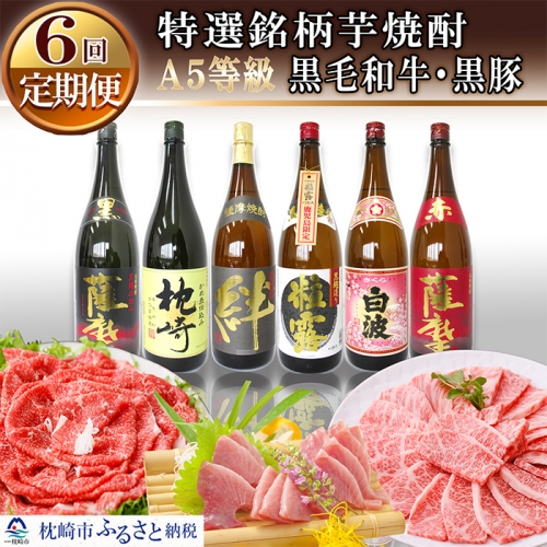 GG-0014 定期便(6ケ月)薩摩白波 焼酎6本&A5等級黒毛和牛・黒豚
