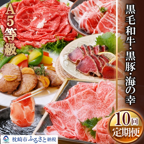 GG-0021 定期便(1年で10回)枕崎お楽しみ便(黒毛和牛・黒豚・海の幸)