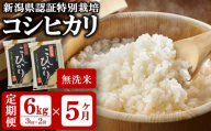 令和5年産新米【定期便】新潟県認証特別栽培 コシヒカリ 無洗米 6kg（3kg×2袋）×5回（計 30kg） 真空パック[D584]