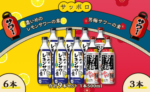 サッポロ 濃いめの レモンサワー の素 6本／ 男梅サワー の素 3本 合計9本 セット（1本500ml） お酒 サワー レモン 檸檬 梅味 男梅 原液 洋酒 リキュール類 642859 - 岡山県赤磐市