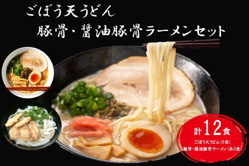 博多ごぼう天うどん（6食）＆豚骨・醤油豚骨ラーメン（各3食）セット【A5-432】 655393 - 福岡県飯塚市