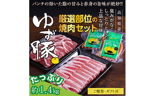 GRS006　【高知のブランド豚/ゆず豚】厳選部位の焼肉セット（約1.4kg）- 焼肉用 肩ロース500g バラ500g ソーセージ5本入り×2P BBQ やきにく 焼き肉 ソーセージ 豚肉 国産 詰め合わせ セット ギフト・熨斗対応可 贈答 659162 - 高知県芸西村