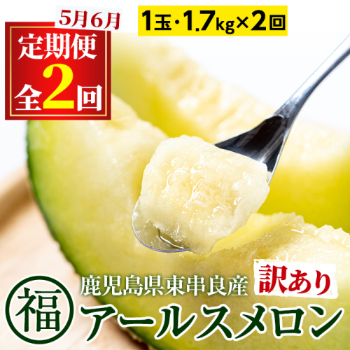 【0221105b】＜訳あり！定期便・全2回(5月・6月)＞マル福の高級アールスメロン(1玉×2回・計3.4kg)メロン フルーツ 果物 果実 3キロ 数量限定 期間限定【マル福園芸組合】 665289 - 鹿児島県東串良町