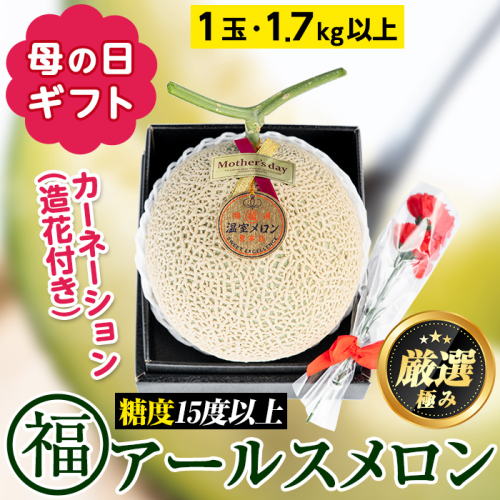 【0151112a-M】＜母の日ギフト・数量限定＞高級アールスメロン(大玉1玉・1.7kg以上、カーネーション(造花)付) メロン フルーツ 果物 果実 1キロ 数量限定 期間限定 贈答 贈り物 母の日【マル福園芸組合】 67539 - 鹿児島県東串良町