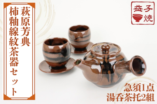 AT012　益子焼　萩原芳典　柿釉線紋茶器セット 675740 - 栃木県益子町