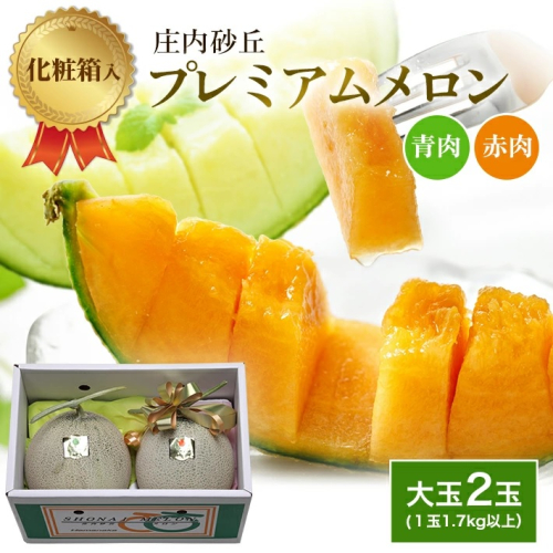 SA2610　庄内砂丘プレミアムメロン(青肉・赤肉) 各1玉 1.7kg以上　計2玉 70791 - 山形県酒田市