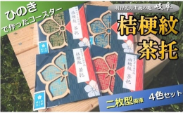 戦国武将・明智光秀の家紋である桔梗紋（ききょうもん）をかたどったひのきの茶托です。二枚型とは複雑な柄を染めるために江戸時代からある染色技法で、この絵柄はいくつもの結び目が合わさり無限につながる「角つな