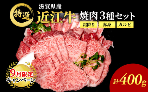 【9月末までの限定価格】近江牛 特選 焼肉 3種盛り 約400g 牛肉 黒毛和牛 焼き肉 焼肉用 カルビ 赤身 霜降り 肉 和牛 納期 最長3カ月 cp2509