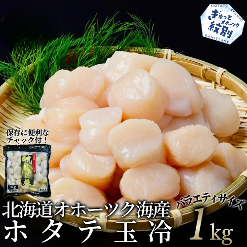 20-330 北海道オホーツク海産ホタテ玉冷バラエティサイズ(1kg)｜ 訳あり サイズ不揃い 78089 - 北海道紋別市