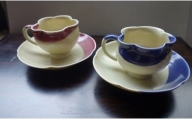 (040-008)　藍灰釉コーヒーカップ＆ソーサー　赤・青セット
