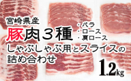 宮崎県産豚肉3種 小分け しゃぶしゃぶ用とスライスの詰め合わせセット1.2kg＜1.1-12＞