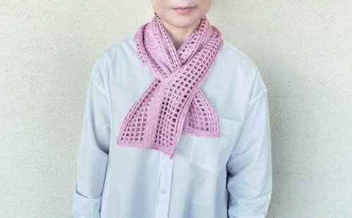 シルク100％ ストライプ柄ショートマフラー パープル 新潟県 五泉市 有限会社田中刺繍