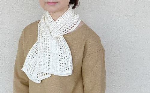 シルク100％ ストライプ柄ショートマフラー ホワイト 新潟県 五泉市 有限会社田中刺繍