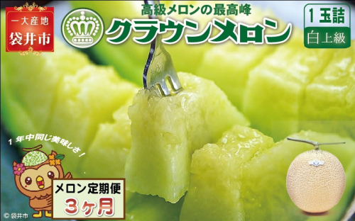 【3ヶ月定期便】クラウンメロン（白上級）1玉入　  83508 - 静岡県袋井市